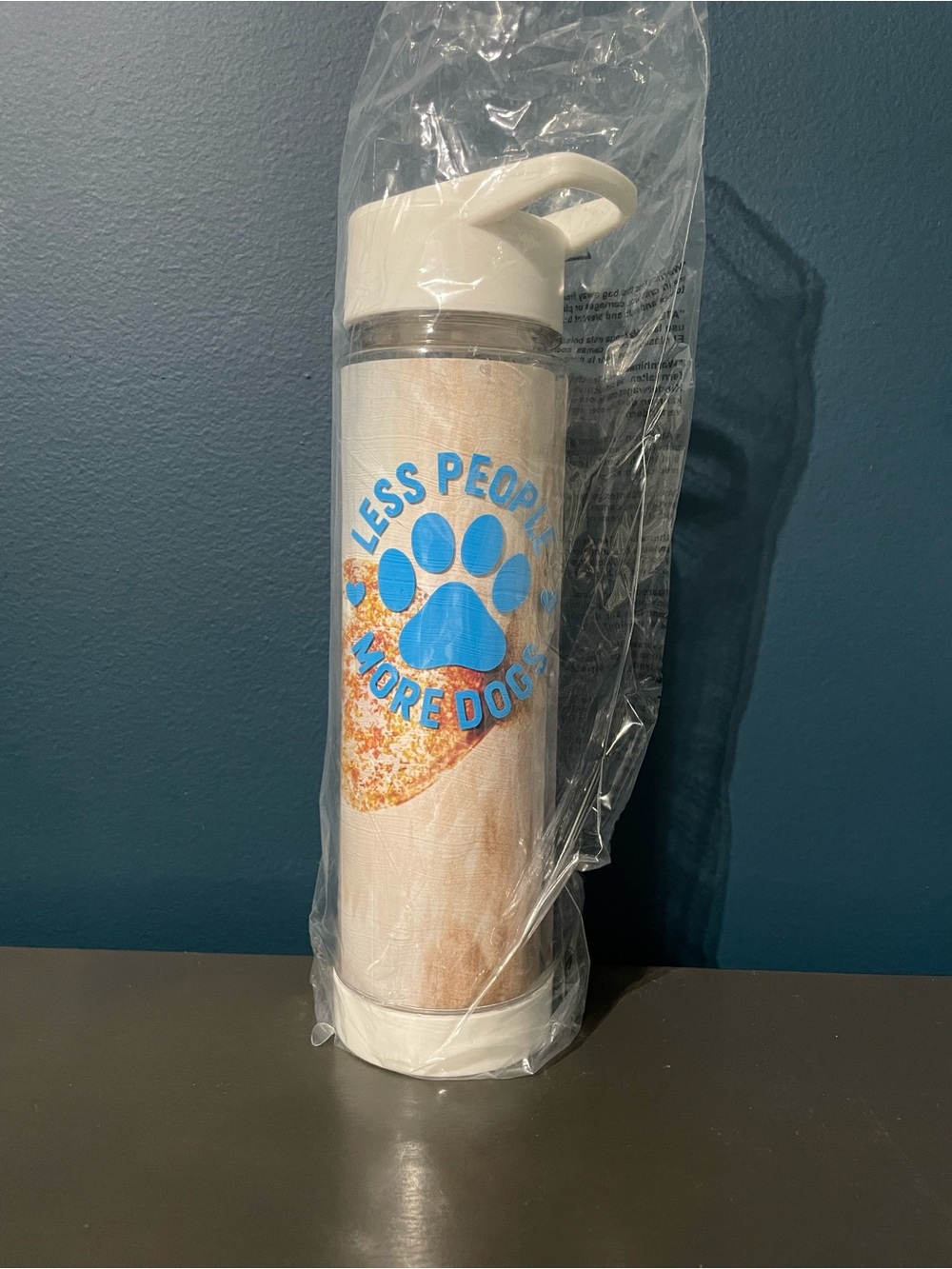 White and Blue 'Less People More Dogs' Travel Water Bottle